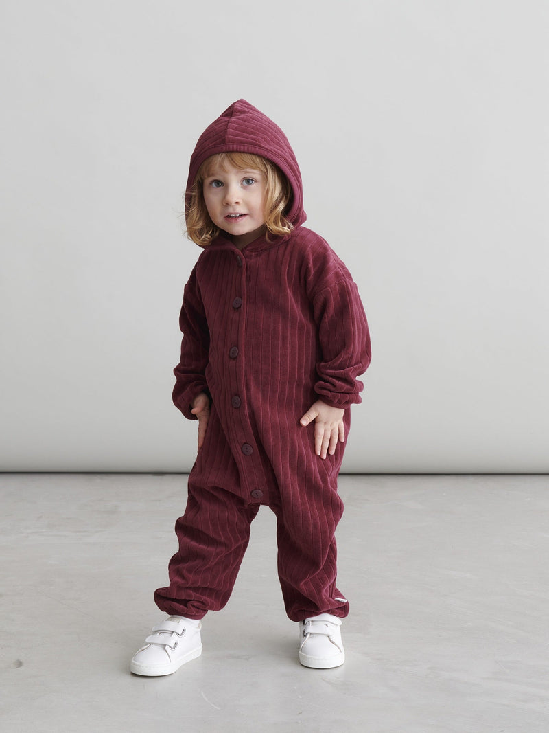 Velour Hooded Jumpsuit, Burgundy