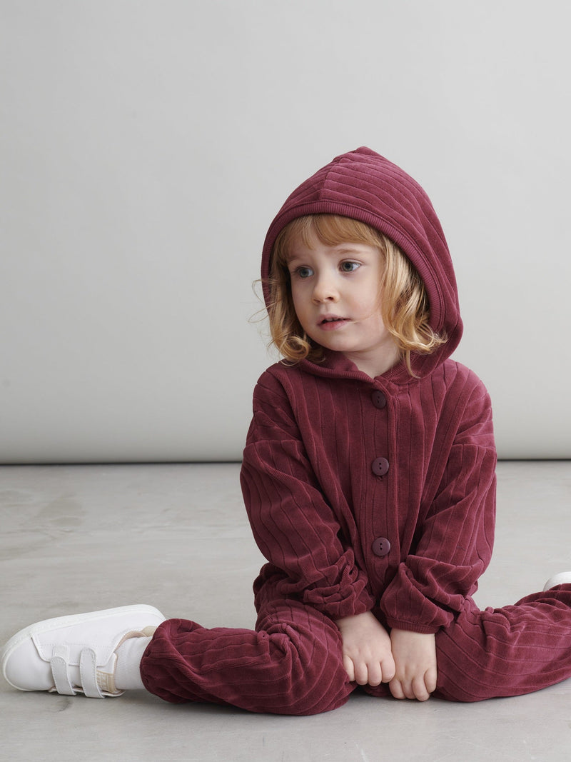 Velour Hooded Jumpsuit, Burgundy