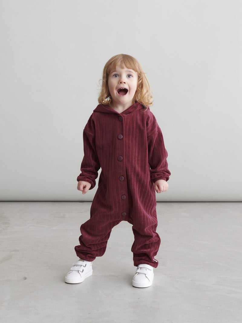 Velour Hooded Jumpsuit, Burgundy