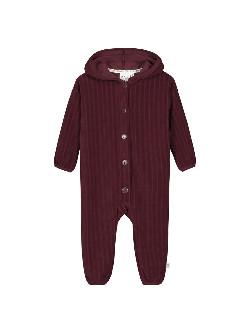 Velour Hooded Jumpsuit, Burgundy