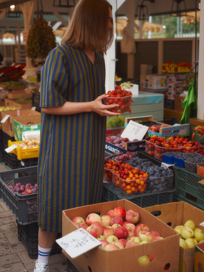 Stripy seersucker dress with belt, adults