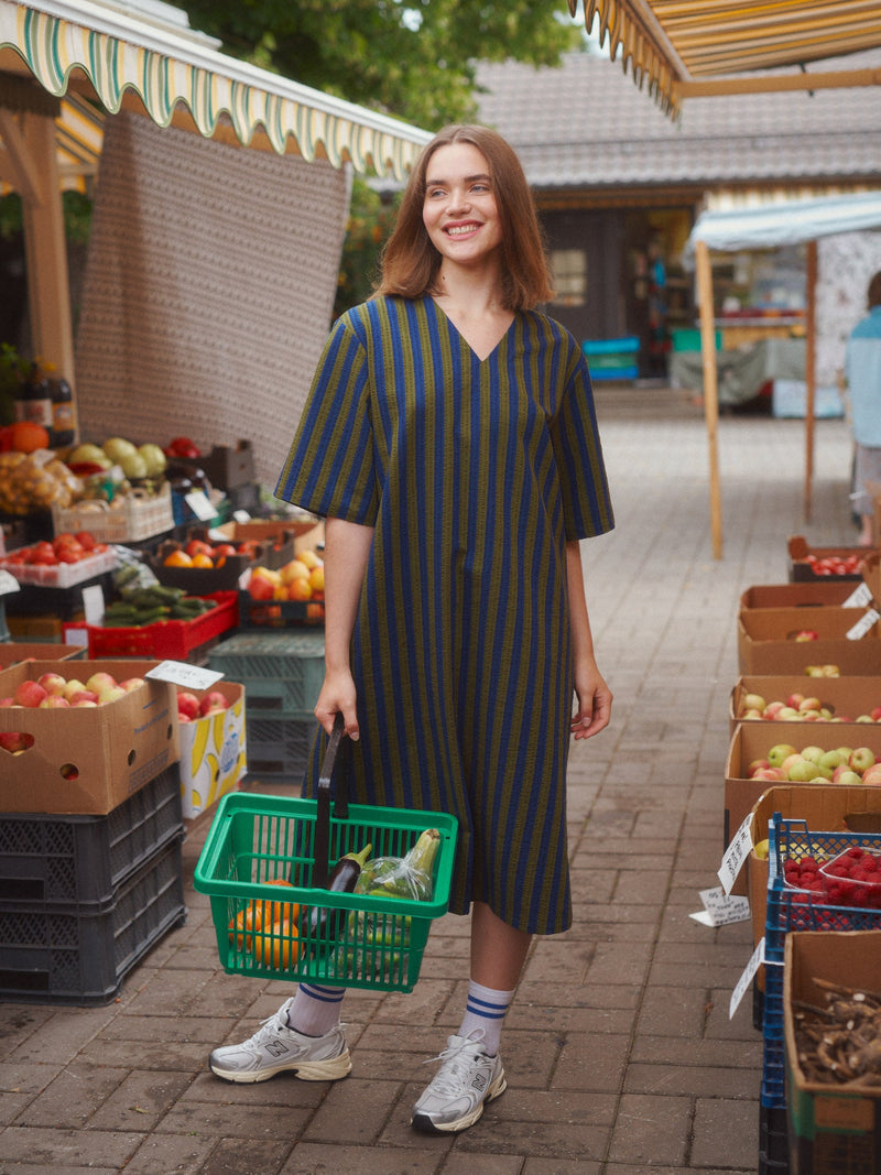 Stripy seersucker dress with belt, adults