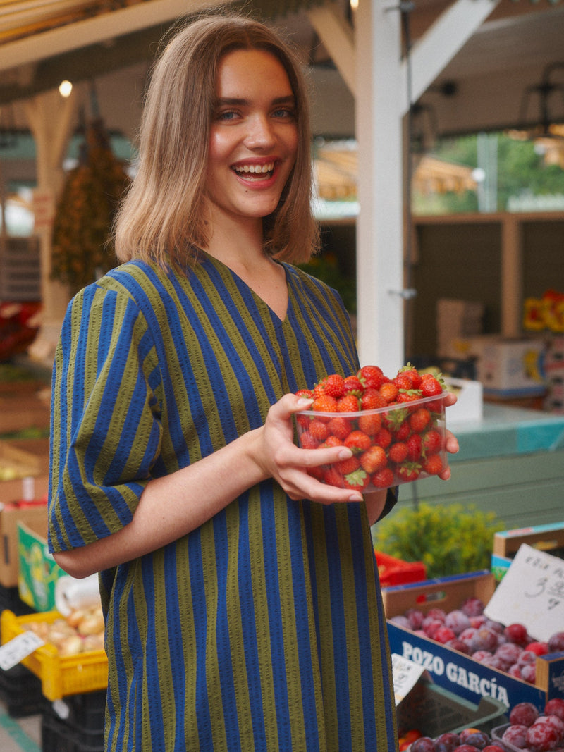 Stripy seersucker dress with belt, adults